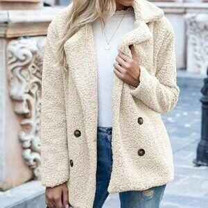Cream Notch-Collar Double-Breasted Teddy Sherpa Jacket (XL) NWT